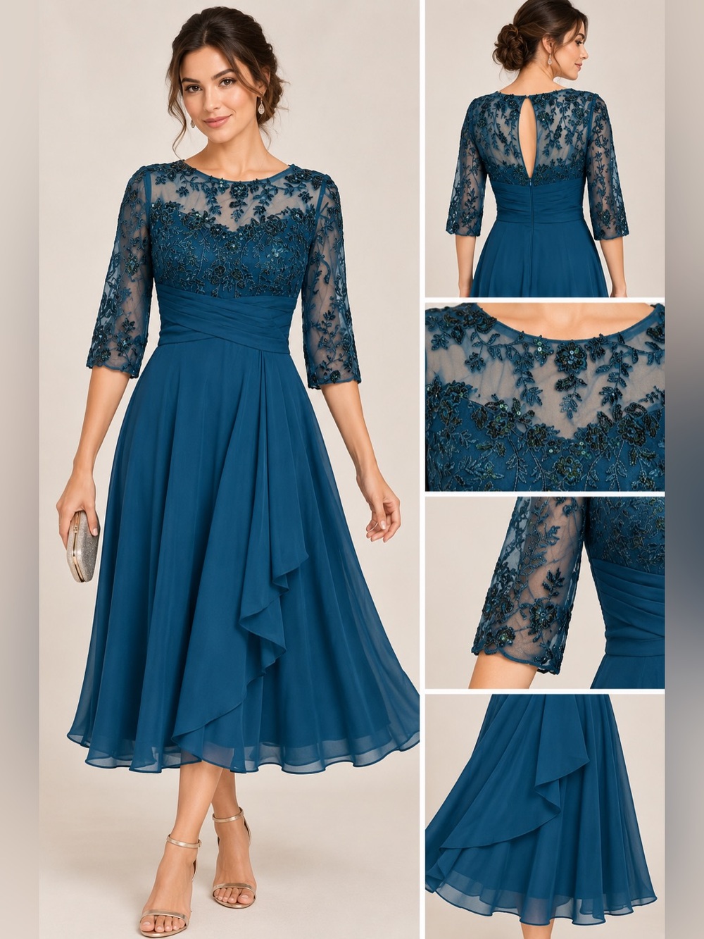 Teal Embroidered Lace Chiffon Midi Formal Dress Size 6